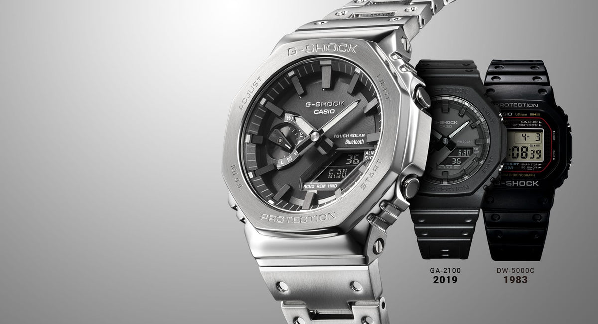 A full-metal analogue watch, heir to the spirit of the very first G-Shock