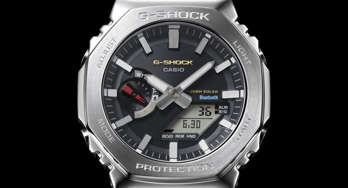 Analog watch with octagonal bezel featuring the symbolic colours of the original G-SHOCK