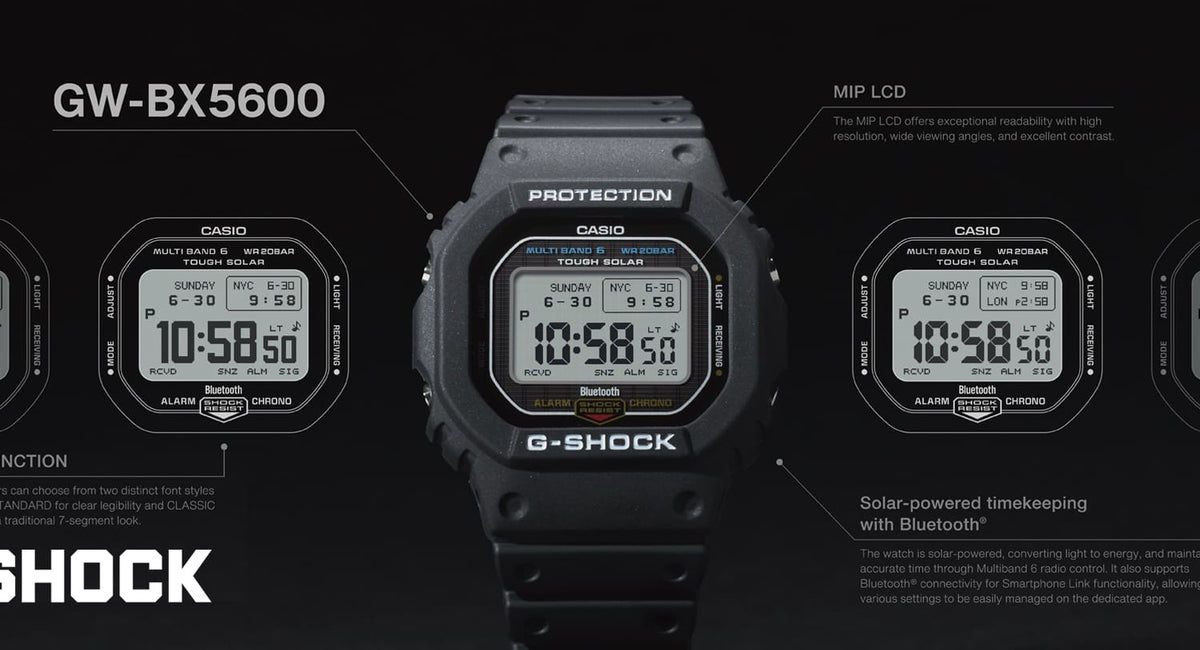 Iconic style with a new look and MIP LCD: G-SHOCK with radio control, solar power, and Bluetooth® connectivity